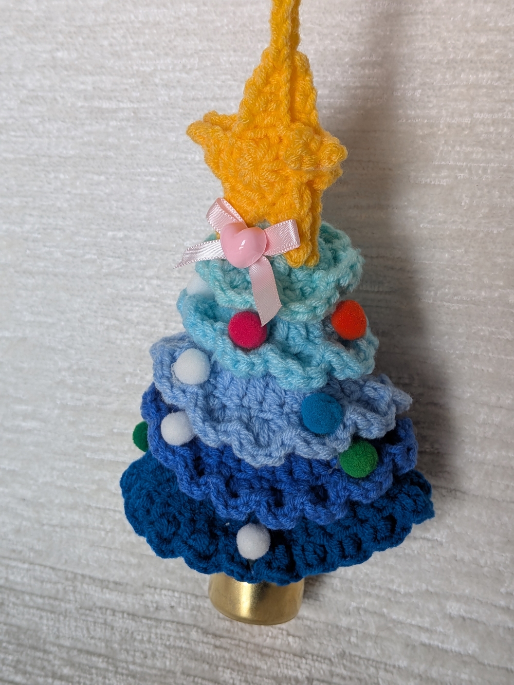 Crocheted Blue Layered Tree Ornament with Yellow Star And Bell